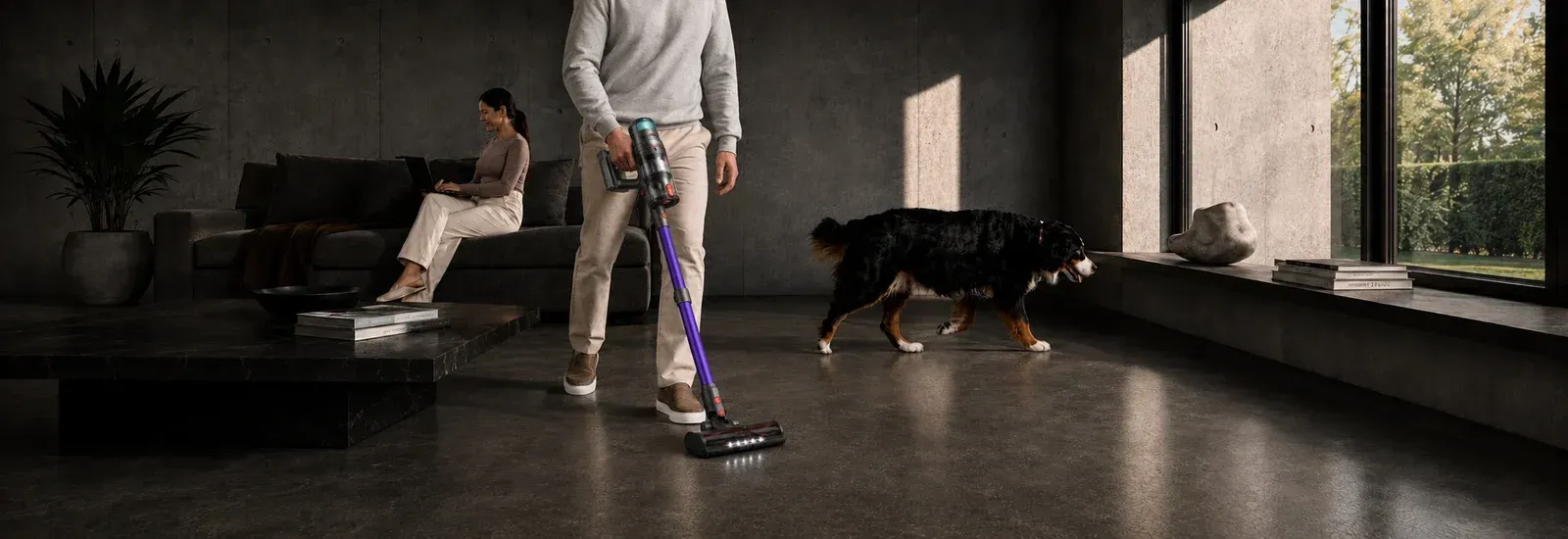 A living room being vacuumed with the Nexam V1 Pro, a dog and a woman on the sofa