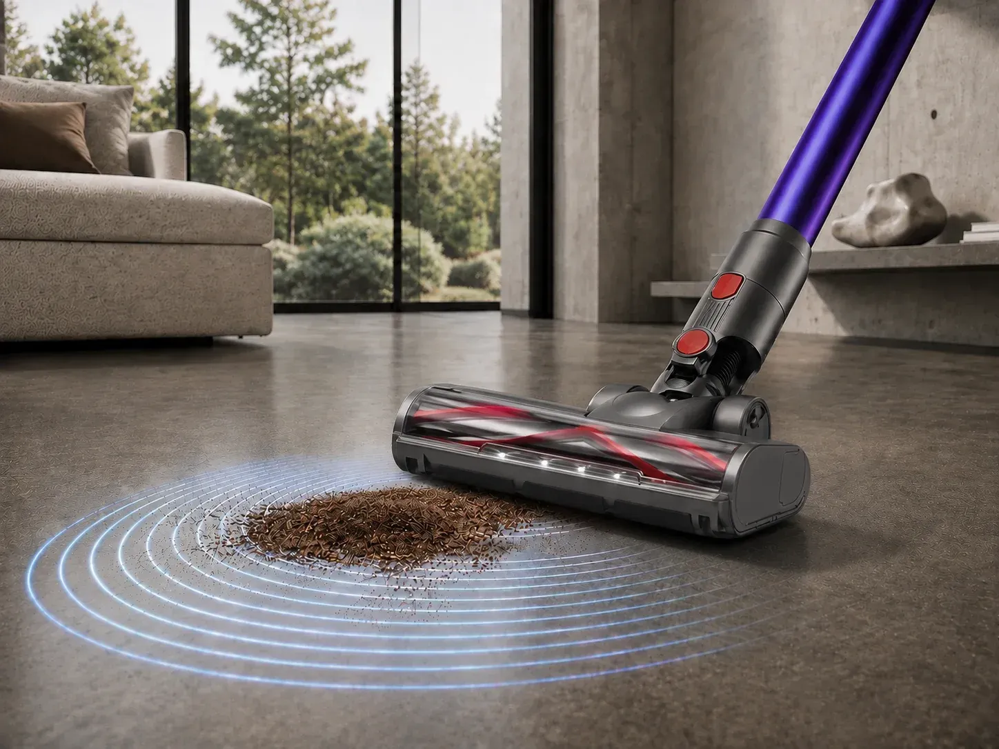 Cepillo del Nexam V1 Pro acercándose a un montón de restos, con las ondas de detección ilustradas