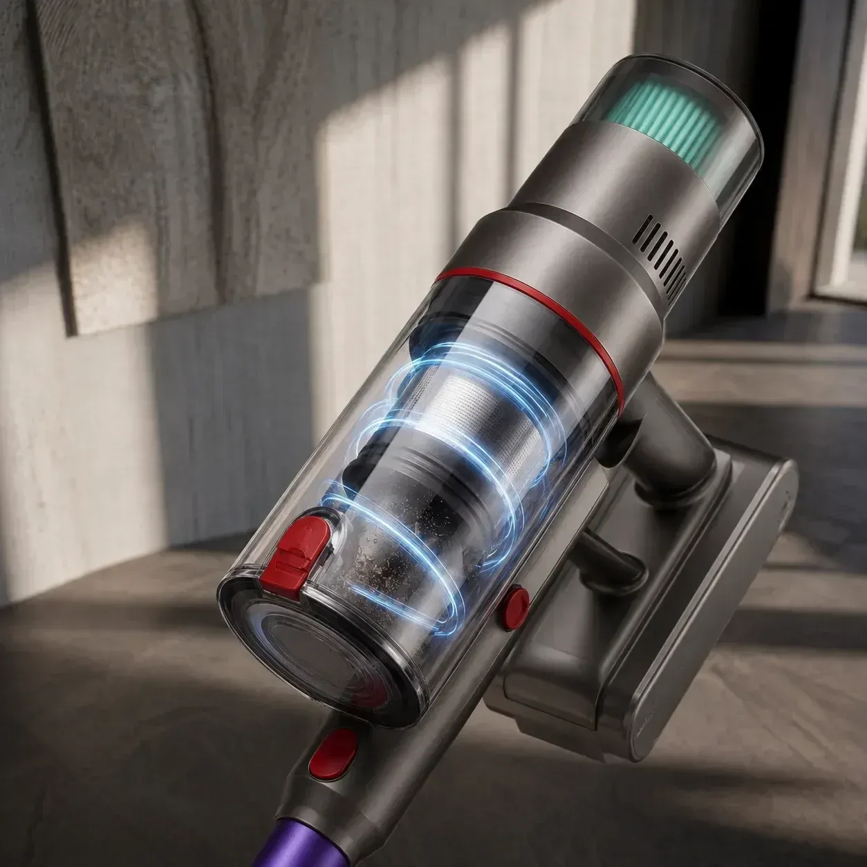 Collecteur transparent du Nexam V1 Pro, flux d'air illustrés autour du filtre