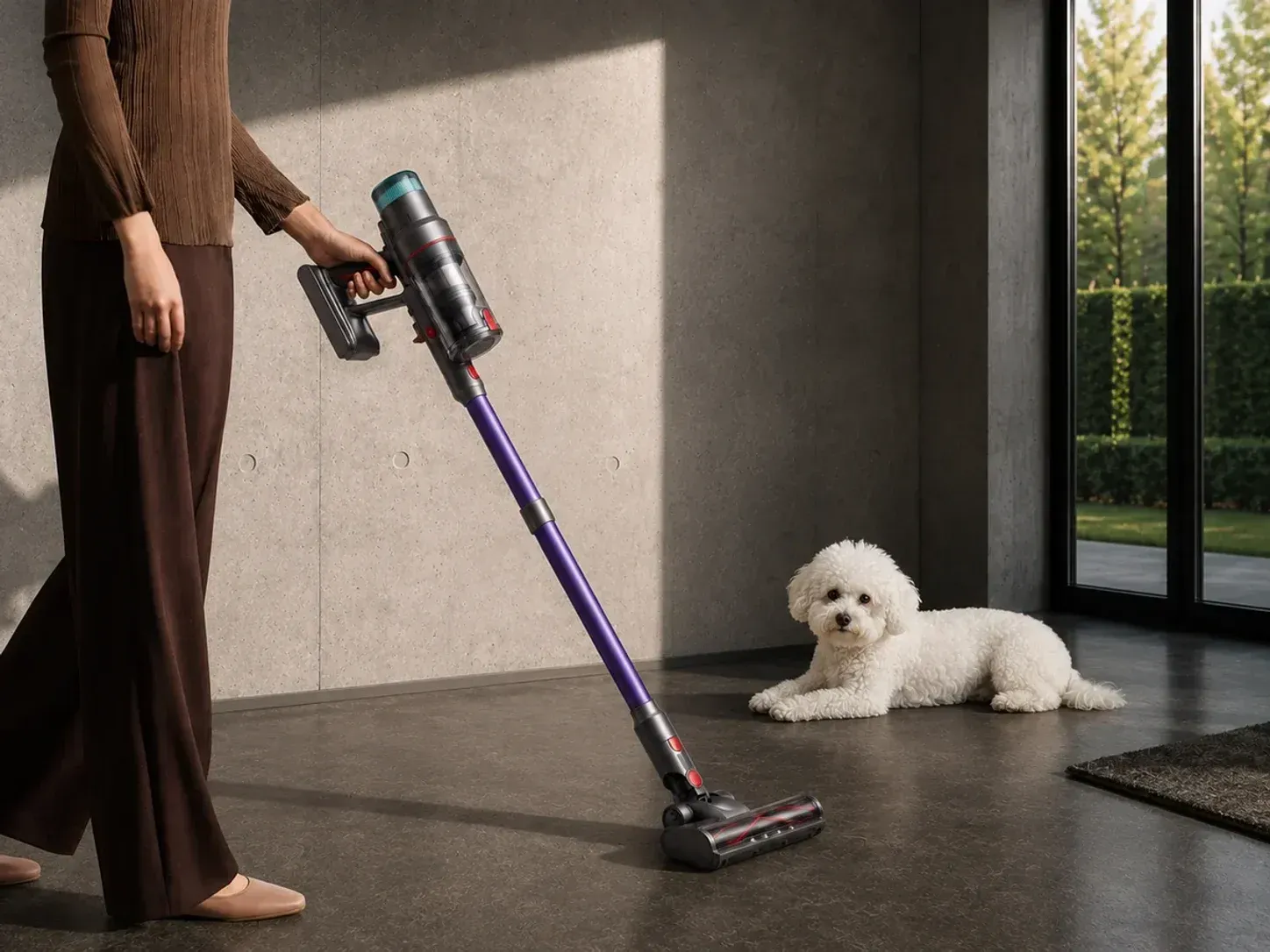 Hombre aspirando un suelo de hormigón con el Nexam V1 Pro en un salón luminoso