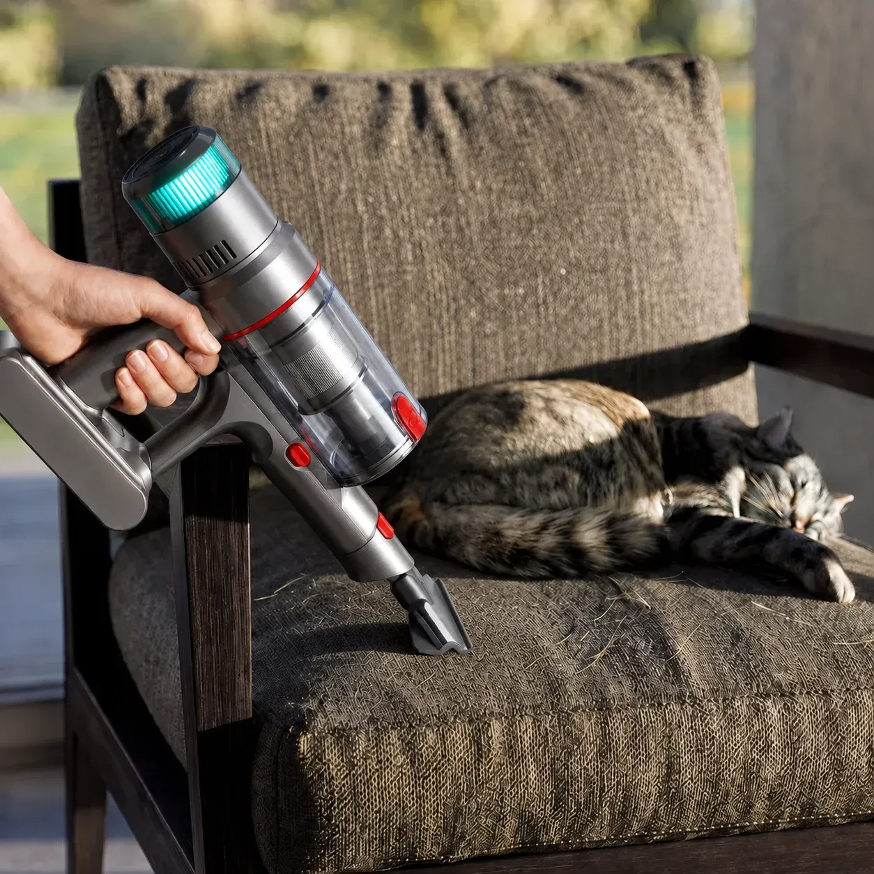 Nexam V1 Pro en mode balai à main sur un fauteuil, un chat endormi à côté