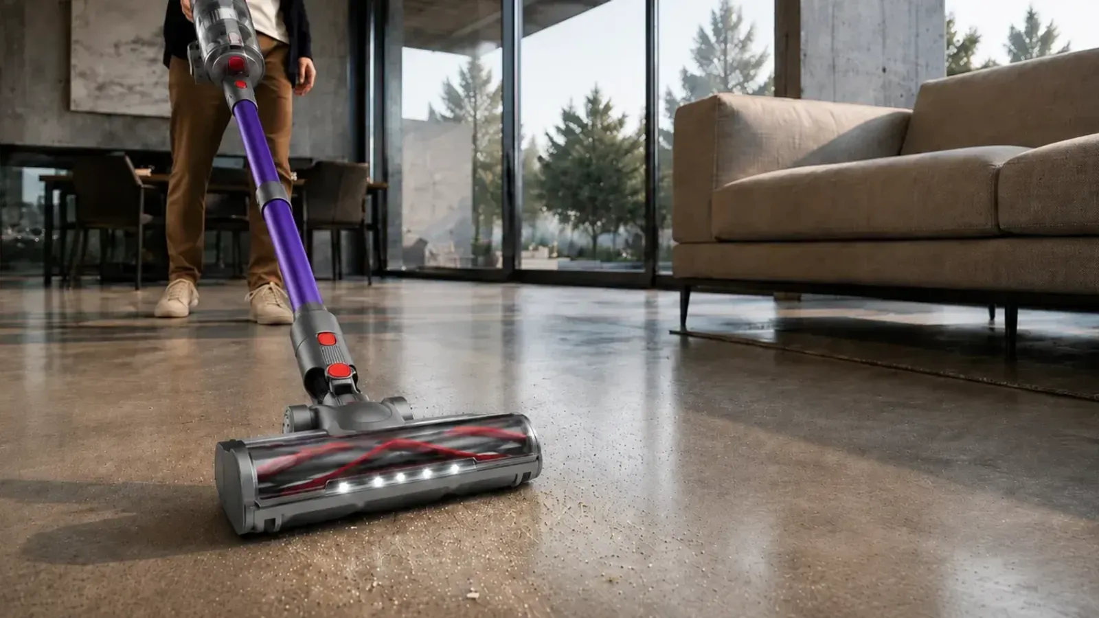 Nexam V1 Pro en uso sobre un suelo de hormigón pulido en un salón