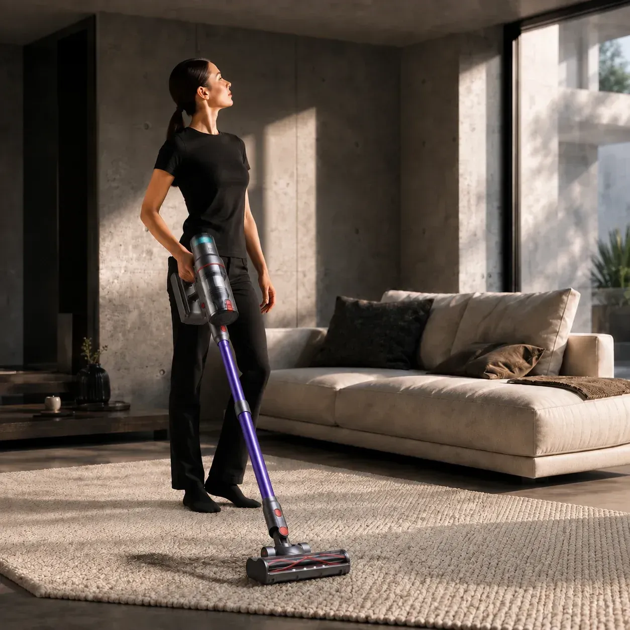 Nexam V1 Pro utilisé sur un tapis dans un salon en béton, baie vitrée en arrière-plan