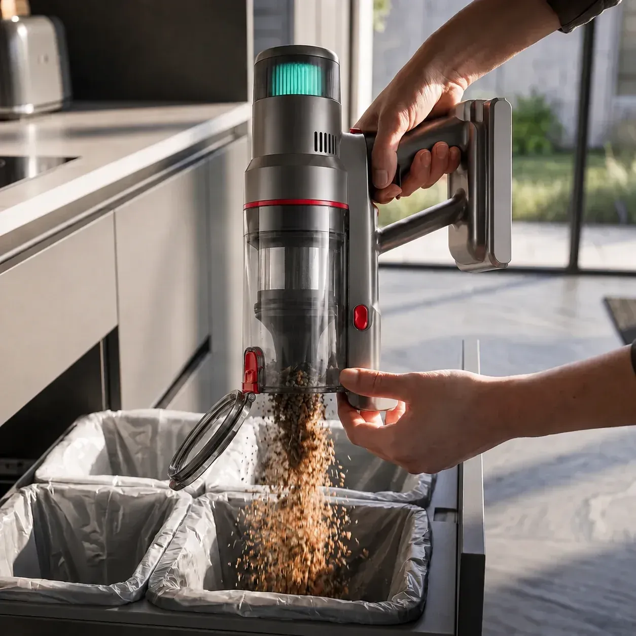 Vidage du bac du Nexam V1 Pro au-dessus d'une poubelle de cuisine