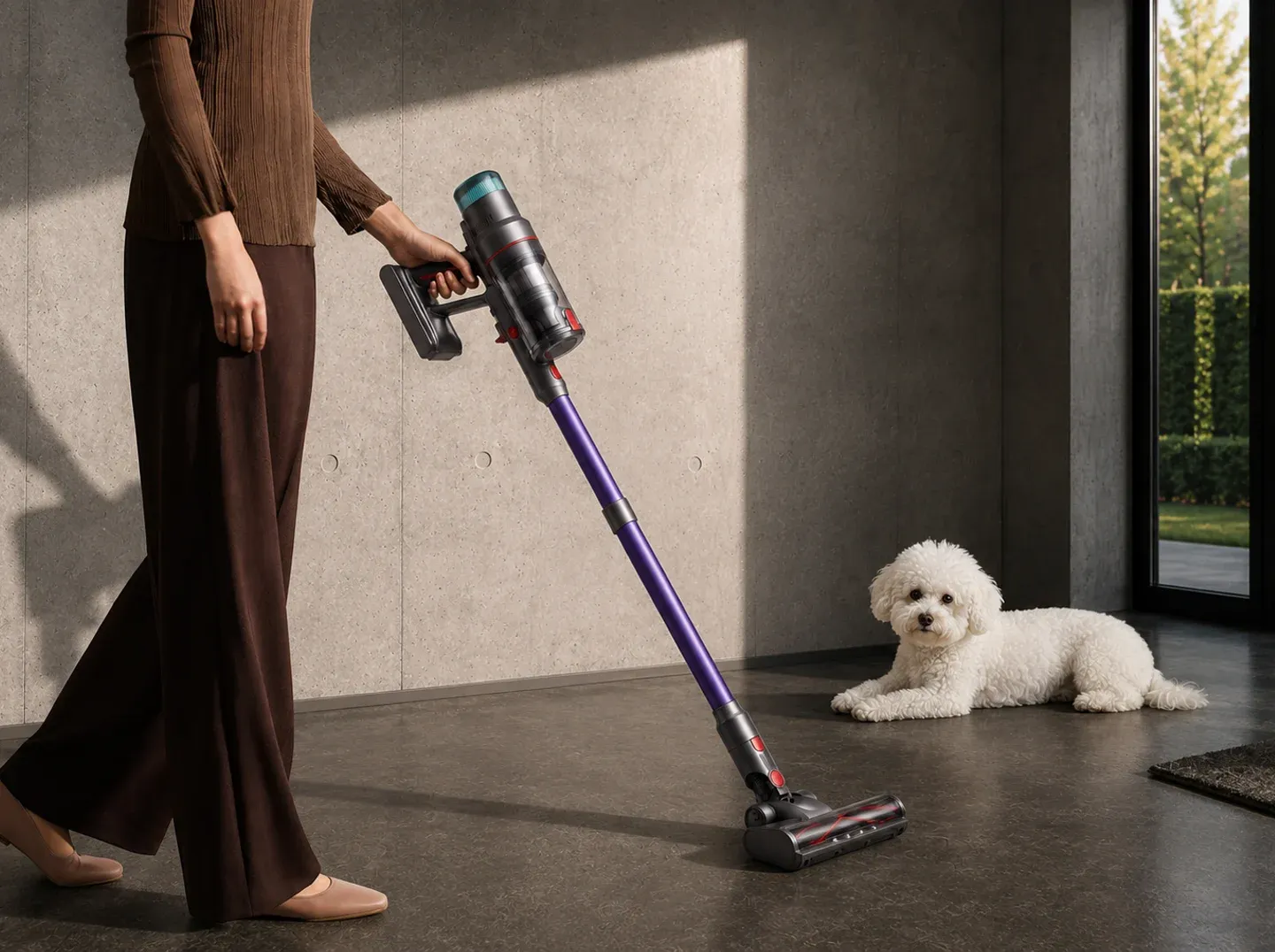 A man vacuuming his living room with the Nexam V1 Pro